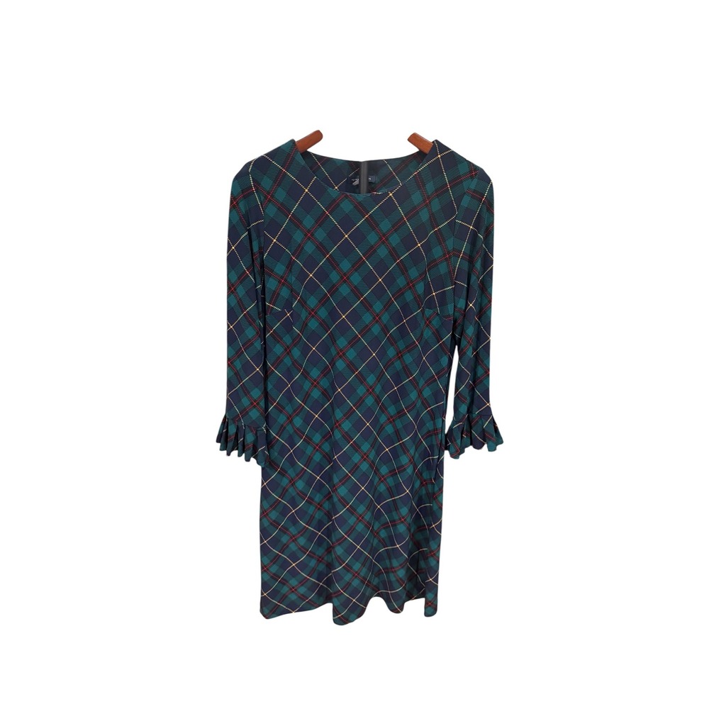 Tommy Hilfiger Womens Plaid Ruffle‎ Cuff Shift Dress Green Navy Blue Size 10